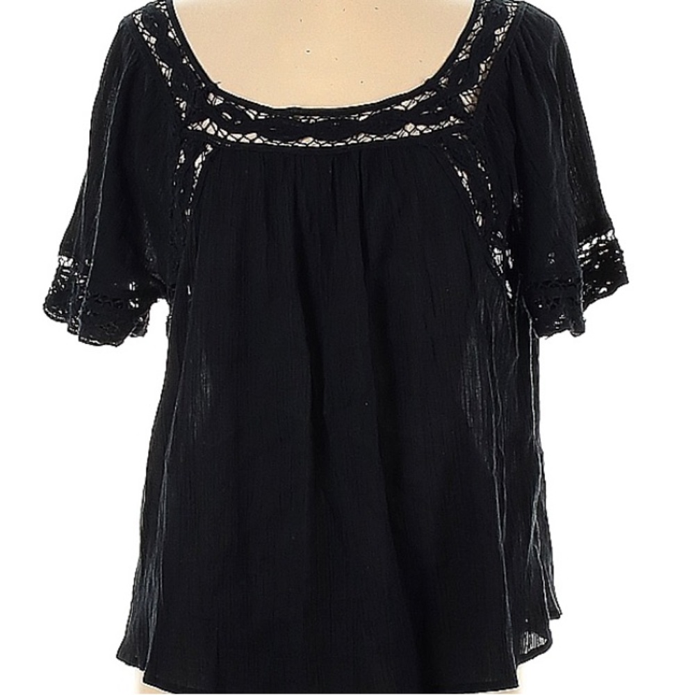 Lucky Brand boho short sleeve blouse size large black